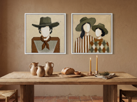 Cowboy & Two Cowgirls — Set of 2 Original Oils, Olive & Caramel — original hand-painted oil shown on the wall in a styled room