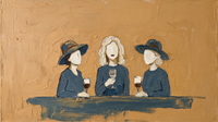 Original wide oil painting of three women in teal-blue tops and hats raising wine at a teal table on a golden-ochre ground