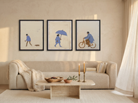 Solitude Triptych — 3 Original Oils, Periwinkle & Oat — original hand-painted oil shown on the wall in a styled room