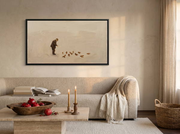 Man Feeding Pigeons Wide Wall Art — Original Oil Landscape, Chocolate & Cream