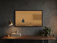 Pigeon Feeder at Dawn Wide Wall Art — Original Oil, Golden Ochre & Navy — original hand-painted oil shown on the wall in a styled room
