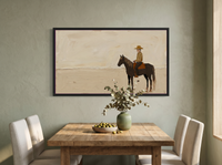 Cowboy on Horseback Wide Wall Art — Original Palette-Knife Oil, Chocolate & Tan — original hand-painted oil shown on the wall in a styled room
