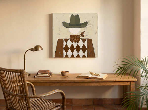 Harlequin Cowboy Wall Art — Original Palette-Knife Oil, Olive & Brown
