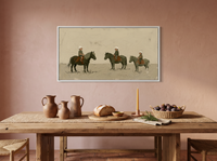 Three Children on Ponies Wide Wall Art — Original Palette-Knife Oil, Olive & Grey — original hand-painted oil shown on the wall in a styled room