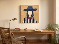 Lady in an Angular Navy Hat Wall Art — Original Palette-Knife Oil, Navy & Red — original hand-painted oil shown on the wall in a styled room