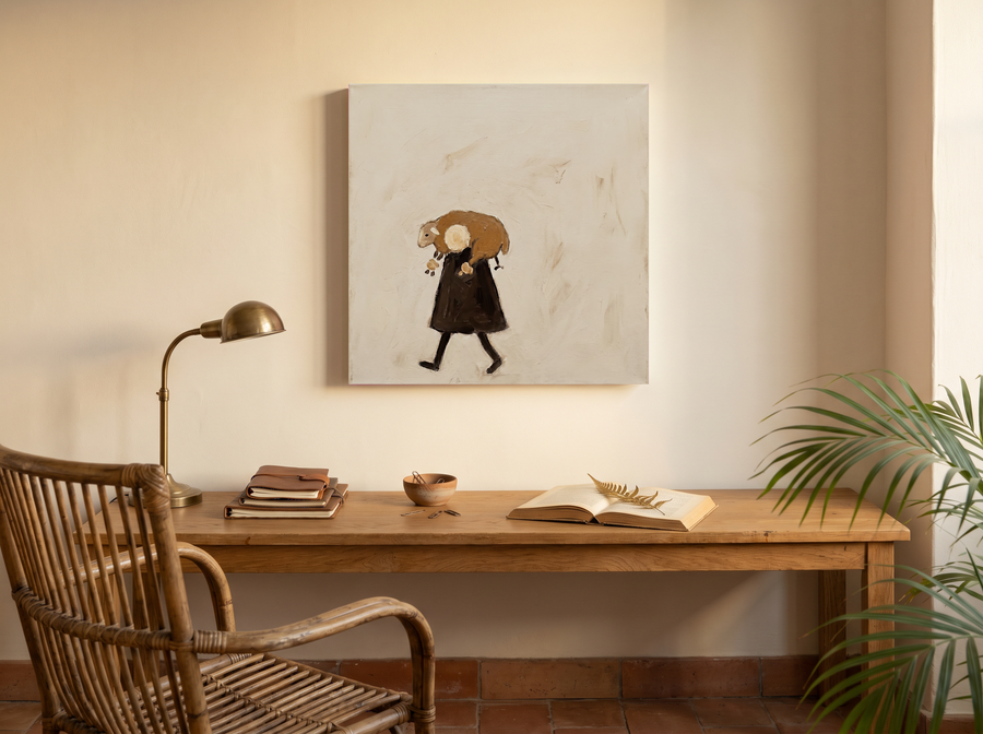 Shepherd Carrying a Lamb Wall Art — Original Palette-Knife Oil, Chocolate & Cream