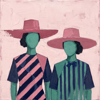 Palette-knife oil of two women with emerald faces and wine hair, one in a mauve-pink hat over pink-and-green stripes, the other in a pink hat with a navy bow over a navy-and-green harlequin top, on a blush ground.