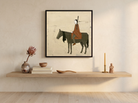 Braided Rider on Horseback Wall Art — Original Palette-Knife Oil, Olive & Rust — original hand-painted oil shown on the wall in a styled room