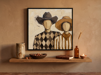 Cowboy & Cowgirl Wall Art — Original Palette-Knife Oil, Brown & Tan — original hand-painted oil shown on the wall in a styled room