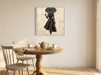Walking Lady in a Wide Hat Wall Art — Original Palette-Knife Oil, Charcoal & Oxblood — original hand-painted oil shown on the wall in a styled room