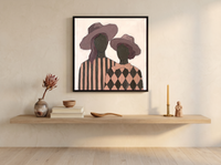 Two Ladies in Floppy Hats Wall Art — Original Palette-Knife Oil, Mauve & Rose — original hand-painted oil shown on the wall in a styled room