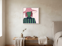 Lady in a Pink Hat Wall Art — Original Palette-Knife Oil, Pink & Navy — original hand-painted oil shown on the wall in a styled room