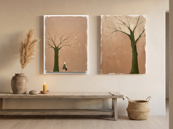 Mirrored Bare Trees — Set of 2 Original Oils, Moss on Clay