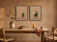 Man with Dog & Woman with Bouquet — Set of 2 Original Oils, Moss & Clay — original hand-painted oil shown on the wall in a styled room