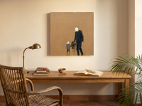 Father & Child Walking Wall Art — Original Palette-Knife Oil, Navy & Ochre — original hand-painted oil shown on the wall in a styled room