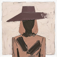 Original heavy-impasto oil painting of a blank-faced woman in a wide plum hat with charcoal cubist facets across rose-clay shoulders on a thick cream ground