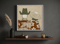 Cowboy & Cowgirl from Behind Wall Art — Original Palette-Knife Oil, Olive & Cream — original hand-painted oil shown on the wall in a styled room