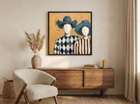 Cowboy & Cowgirl Wall Art — Original Palette-Knife Oil, Slate Blue & Ochre — original hand-painted oil shown on the wall in a styled room
