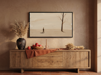 Lone Walker & Bare Tree Wide Wall Art — Original Palette-Knife Oil, Chocolate & Cream — original hand-painted oil shown on the wall in a styled room