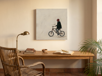 Cyclist Wall Art — Original Palette-Knife Oil, Olive & Oxblood — original hand-painted oil shown on the wall in a styled room