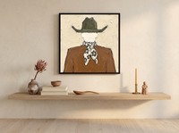 Cowboy from Behind Wall Art — Original Palette-Knife Oil, Olive & Caramel — original hand-painted oil shown on the wall in a styled room