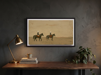 Two Riders Across Olive Pasture Wide Canvas — Original Palette-Knife Oil, Olive & Sienna — original hand-painted oil shown on the wall in a styled room