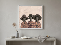 Three Women in Hats Wall Art — Original Palette-Knife Oil, Mauve & Charcoal — original hand-painted oil shown on the wall in a styled room