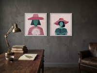 Women in Hats — Set of 2 Original Oils, Pink & Emerald — original hand-painted oil shown on the wall in a styled room