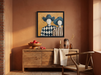 Cowboy & Cowgirl Wall Art — Original Palette-Knife Oil, Slate Blue & Ochre — original hand-painted oil shown on the wall in a styled room