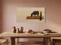 Cowgirl and Horse at the Trough Wide Wall Art — Original Palette-Knife Oil, Chocolate & Rust — original hand-painted oil shown on the wall in a styled room