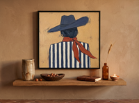 Cowgirl from Behind Wall Art — Original Palette-Knife Oil, Navy & Rust — original hand-painted oil shown on the wall in a styled room