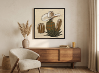 Cowboy in a Cactus Field Wall Art — Original Palette-Knife Oil, Olive & Rust — original hand-painted oil shown on the wall in a styled room