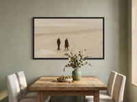 Two Figures on a Beach Wide Wall Art — Original Oil, Warm Tan & Cream — original hand-painted oil shown on the wall in a styled room