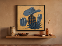 Cowboy in a Cactus Field Wall Art — Original Palette-Knife Oil, Navy & Ochre — original hand-painted oil shown on the wall in a styled room