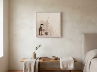 Woman Watering a Plant Wall Art — Original Palette-Knife Oil, Mauve & Rose-Brown — original hand-painted oil shown on the wall in a styled room