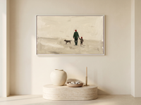 Father, Child and Dog Walking Wide Wall Art — Original Oil Landscape, Dark Olive & Oxblood — original hand-painted oil shown on the wall in a styled room