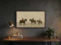 Three Children on Ponies Wide Wall Art — Original Palette-Knife Oil, Olive & Grey — original hand-painted oil shown on the wall in a styled room