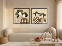 Women in Hats, Two Pairs — Set of 2 Original Oils, Olive & Cream — original hand-painted oil shown on the wall in a styled room