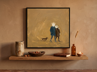 Couple Walking Away Wall Art — Original Palette-Knife Oil, Teal & Ochre — original hand-painted oil shown on the wall in a styled room