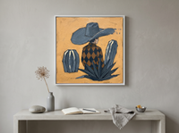 Cowboy in a Cactus Field Wall Art — Original Palette-Knife Oil, Navy & Ochre — original hand-painted oil shown on the wall in a styled room