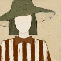 Palette-knife oil of a cowboy in a dark olive hat with a cream olive-flowered bandana over a caramel-rust shirt, on a cream ground.