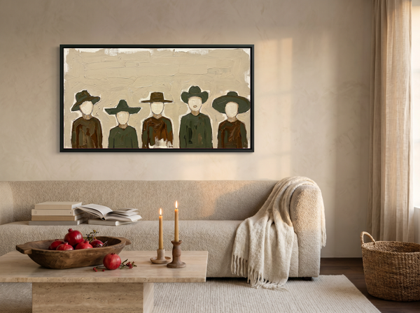 Row of Five Hatted Figures Wide Wall Art — Original Palette-Knife Oil, Olive & Brown