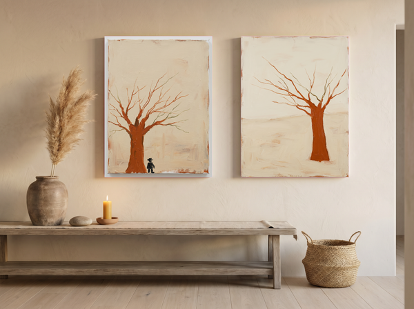 Mirrored Bare Trees — Set of 2 Original Oils, Rust on Cream