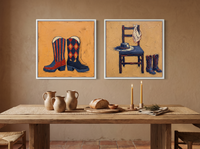 Cowboy Boots & Hat — Set of 2 Original Oils, Navy & Vermilion — original hand-painted oil shown on the wall in a styled room