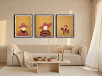 Western Family Triptych — 3 Original Oils, Clay-Rose & Mustard — original hand-painted oil shown on the wall in a styled room