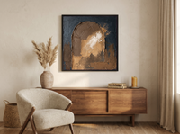 Arched Niche Abstract Wall Art — Original Palette-Knife Oil, Navy & Ochre — original hand-painted oil shown on the wall in a styled room