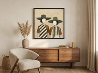 Two Women in Hats Wall Art — Original Palette-Knife Oil, Olive & Rust — original hand-painted oil shown on the wall in a styled room