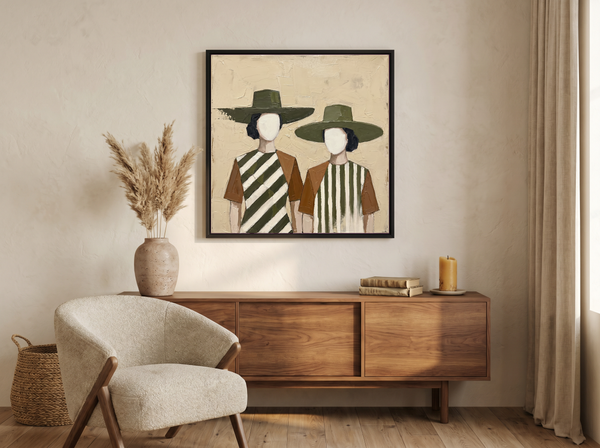 Two Women in Hats Wall Art — Original Palette-Knife Oil, Olive & Rust