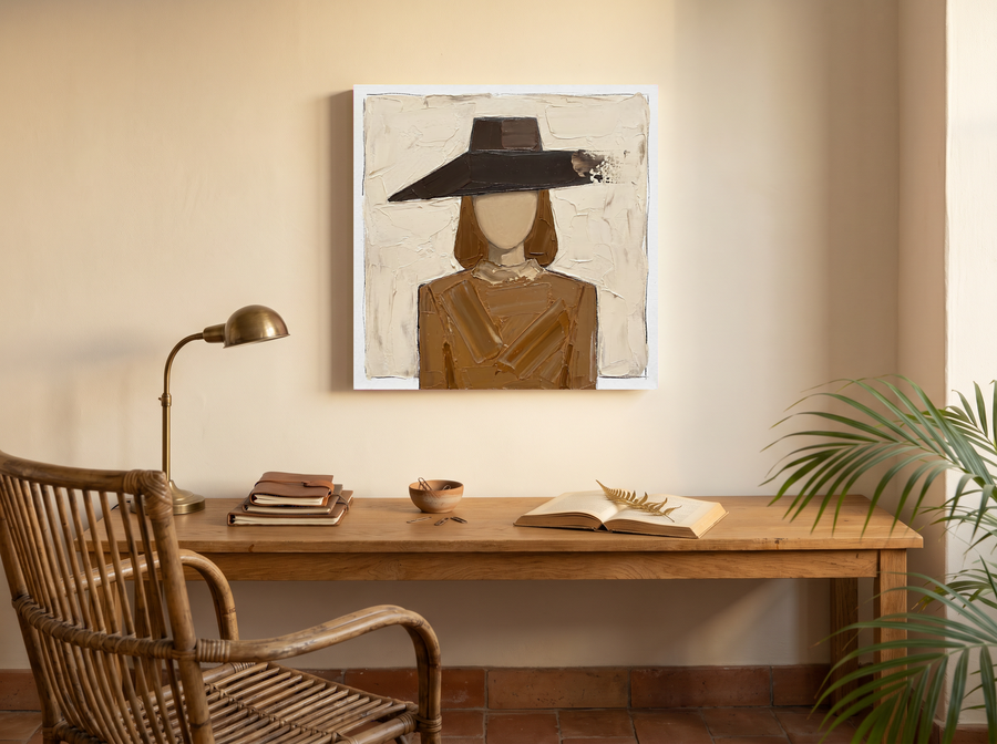 Woman in a Wide Hat Wall Art — Original Palette-Knife Oil, Chocolate & Tan