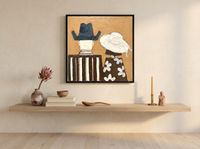 Cowboy & Cowgirl from Behind Wall Art — Original Palette-Knife Oil, Slate Blue & Ochre — original hand-painted oil shown on the wall in a styled room